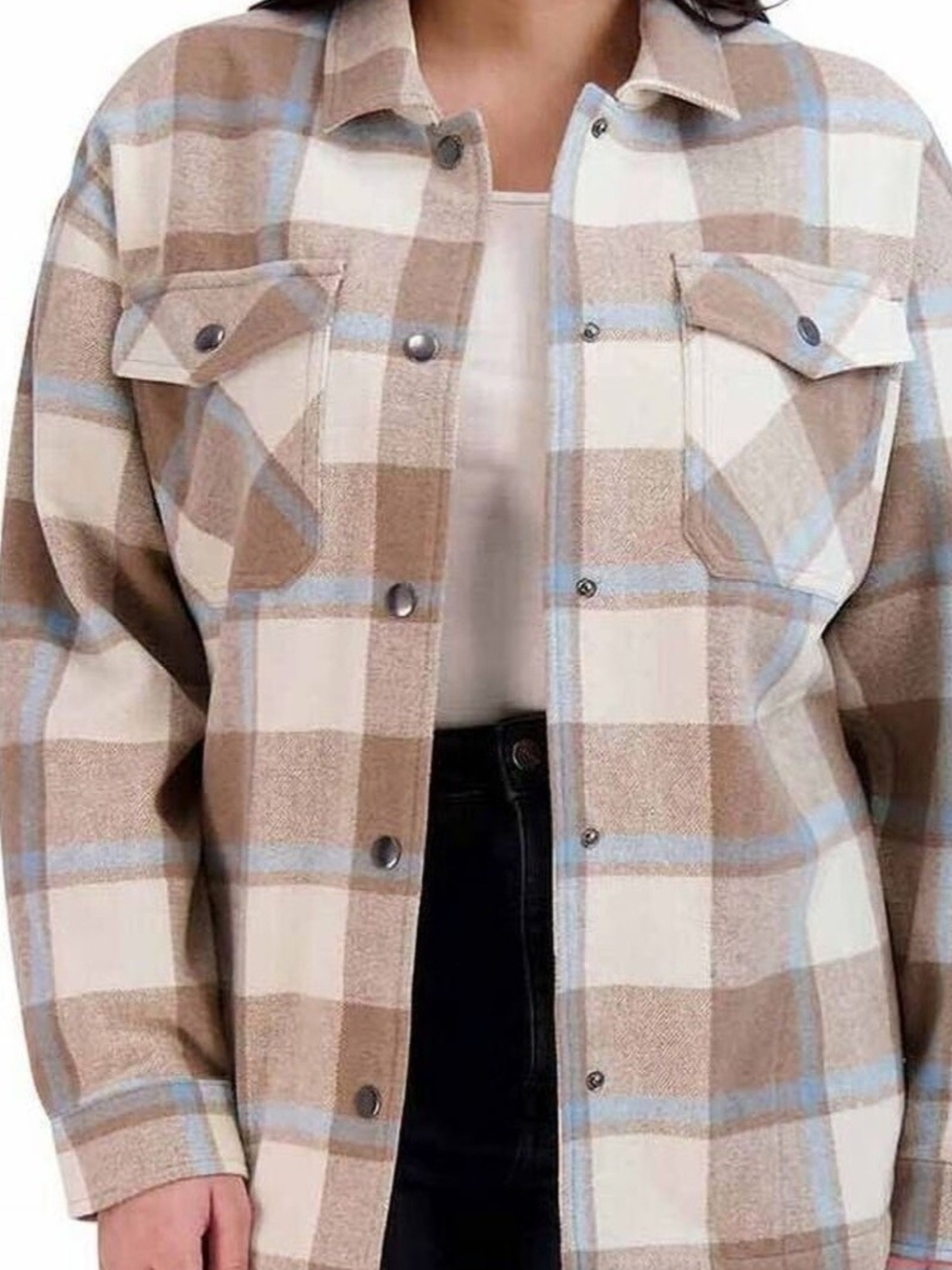 Plaid Button-Front Shacket in Beige & Cream XXL